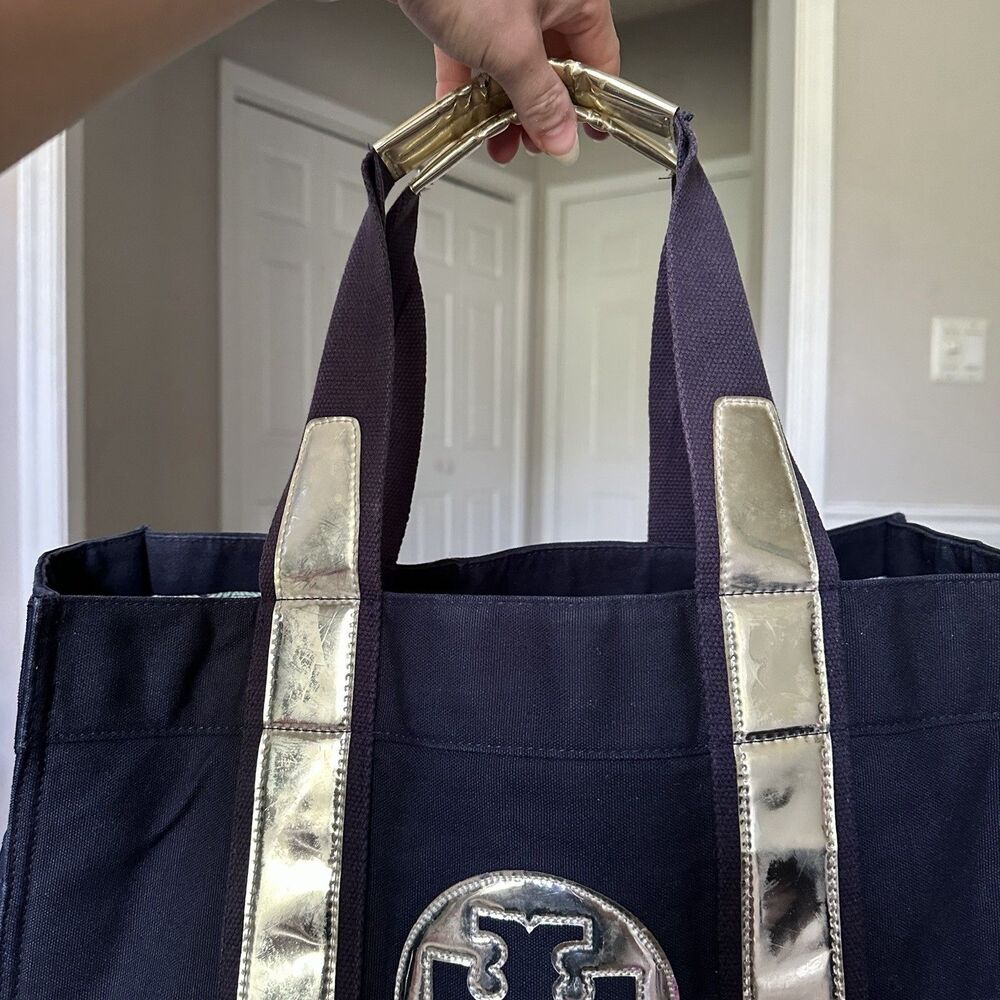 TORY BURCH Large Canvas Tote Navy Blue Shopper Bag Metallic Top Handle - Picture 8 of 16